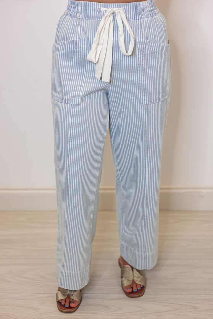 Women's light blue and cream striped wide leg cropped pants by &merci showing up close front view