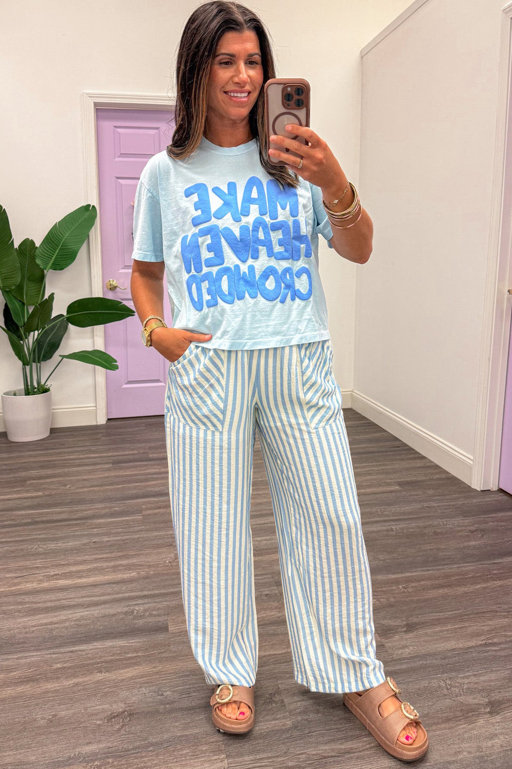 light blue with darker blue make heaven crowded graphic short sleeve cropped t-shirt