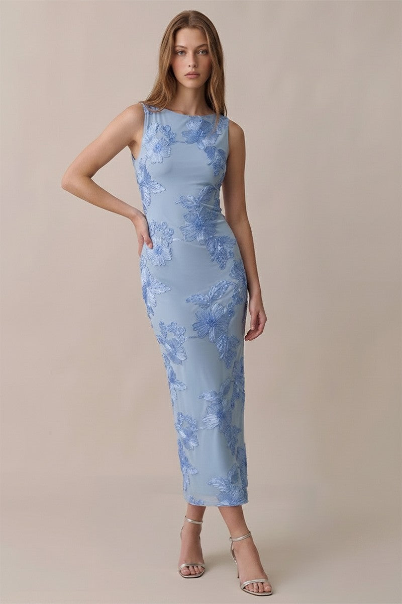 Mesh And Satin Floral Blue Sleeveless Midi Dress Purple Door Boutique Mesh And Satin Floral Blue Sleeveless Midi Dress Purple Door Boutique