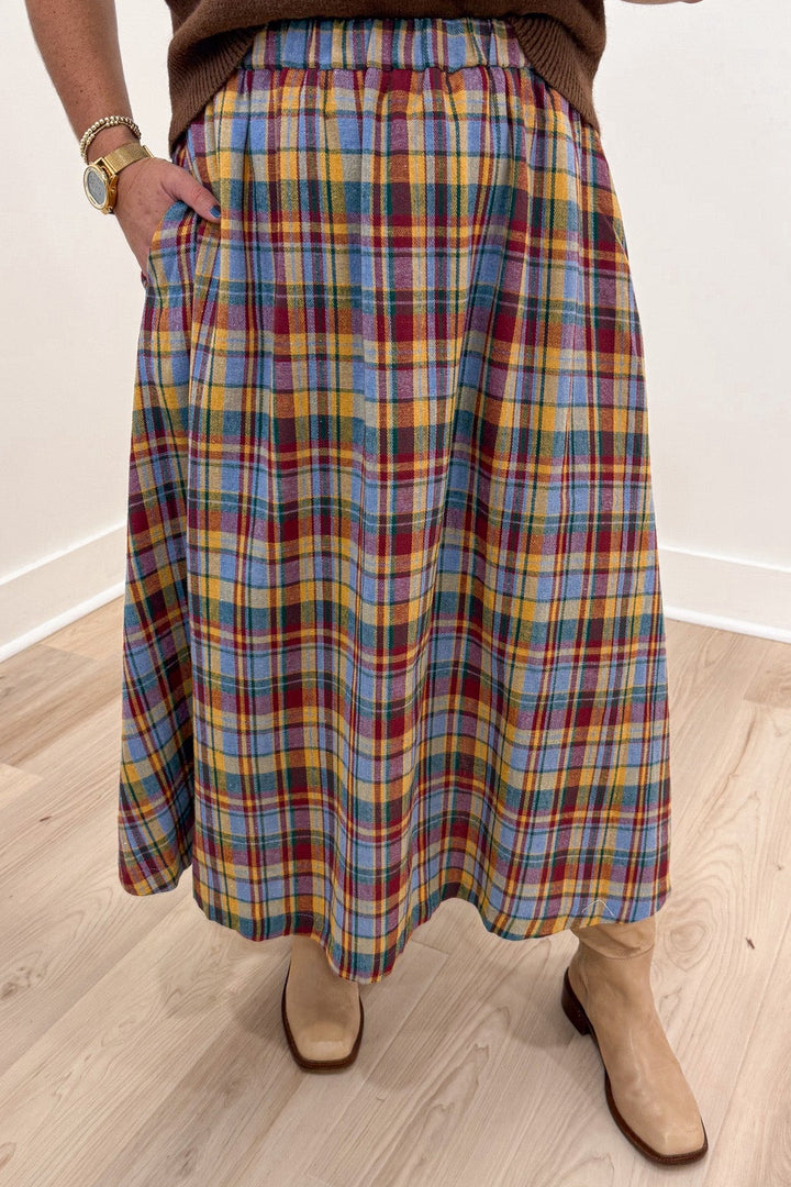 light blue mustard dark red and green plaid flannel print elastic waistband midi skirt