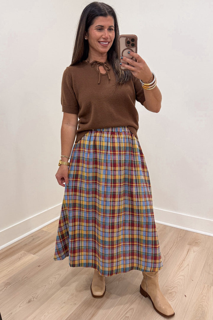 light blue mustard dark red and green plaid flannel print elastic waist midi skirt