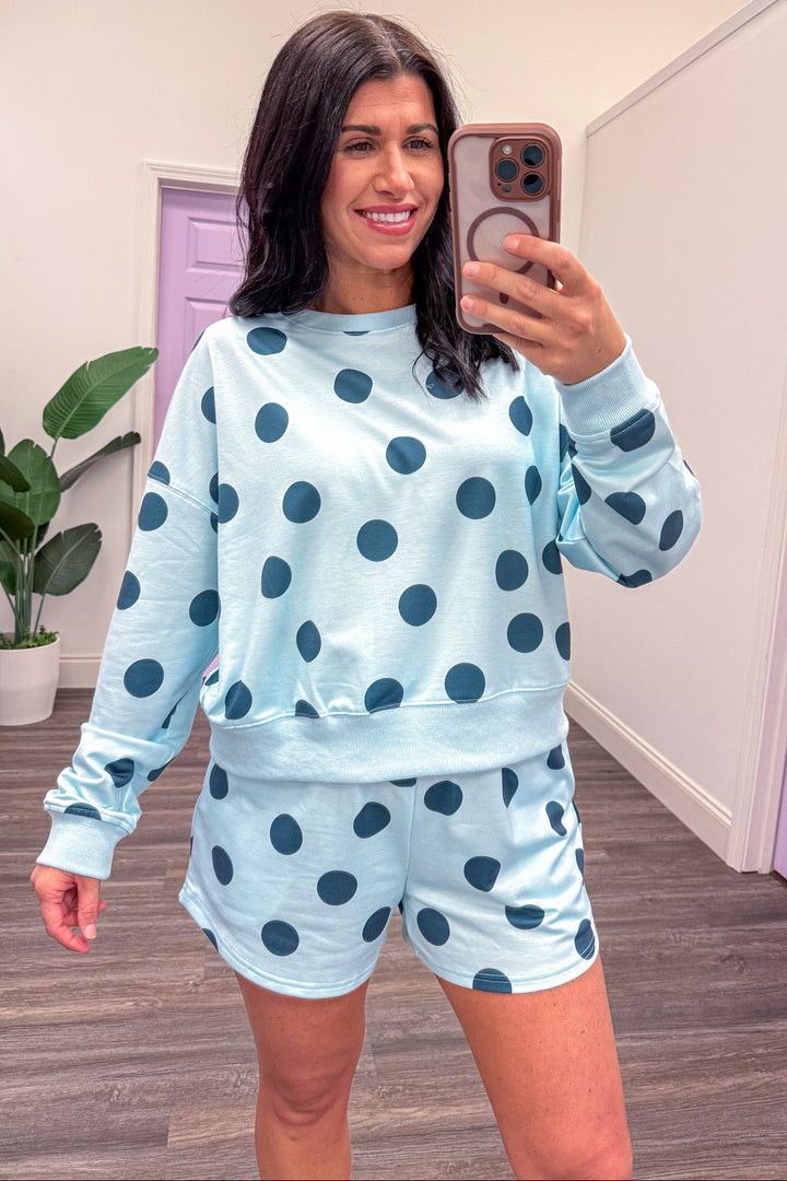 sky blue navy polka dot detail knit long sleeve lounge shorts set