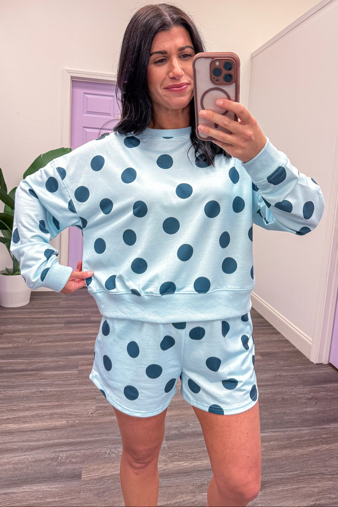 light blue navy polka dot detail knit crewneck lounge shorts set
