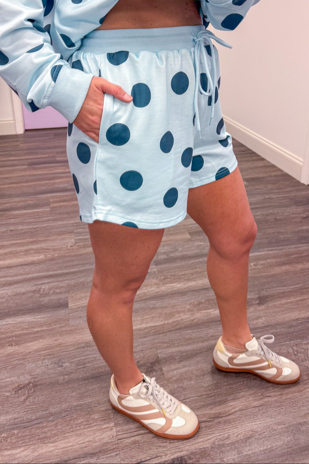 sky blue navy polka dot detail knit lounge shorts set side pockets