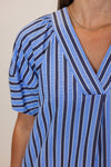 blue navy striped short sleeve midi dress