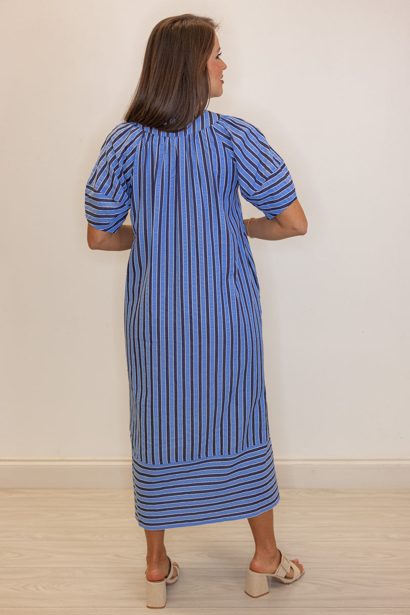 blue navy striped short sleeve midi dress