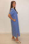 blue navy striped short sleeve midi dress