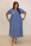 blue navy striped short sleeve midi dress