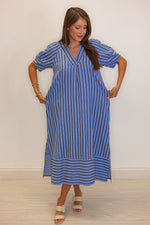 blue navy striped short sleeve midi dress