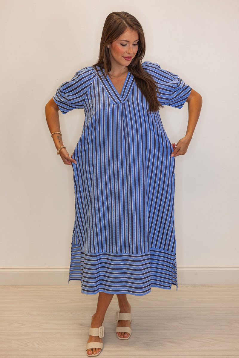 blue navy striped short sleeve midi dress