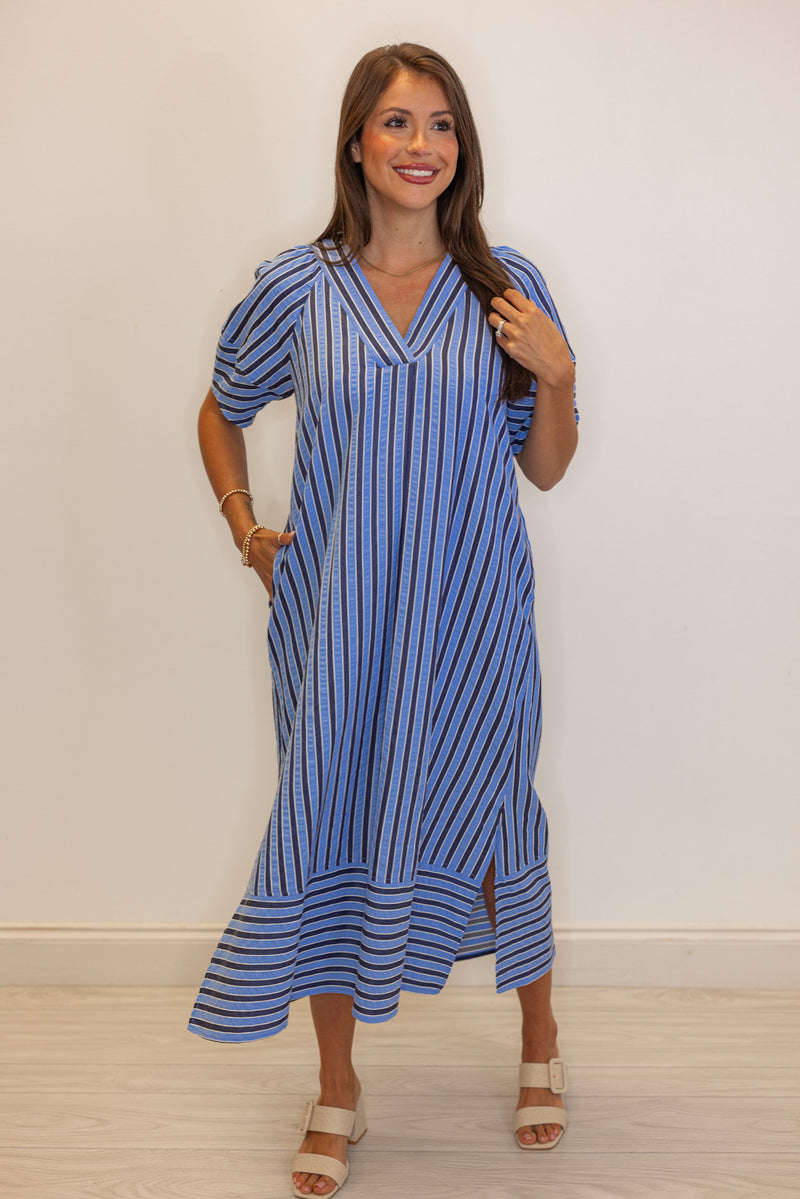 blue navy striped short sleeve midi dress