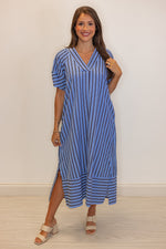 blue navy striped short sleeve midi dress