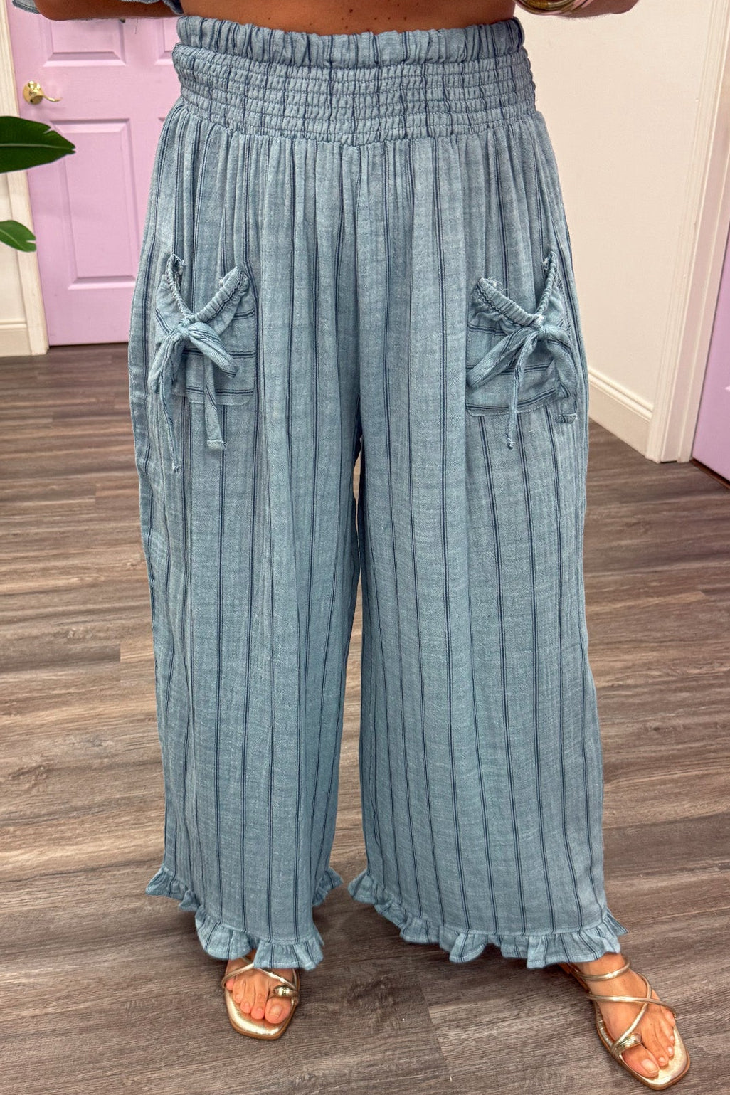 light blue with navy blue stripes ruffle hem elastic waist wide leg pants with drawstring front pockets