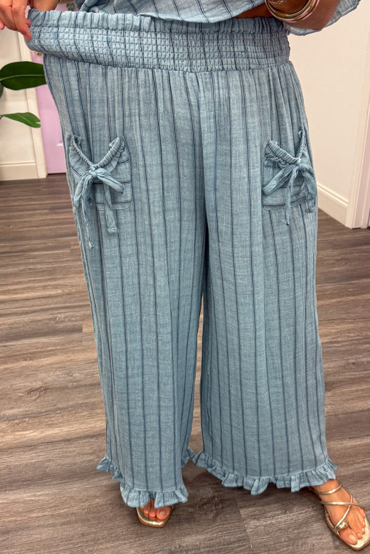 light blue with navy blue stripes ruffle hem wide elastic waistband wide leg pants