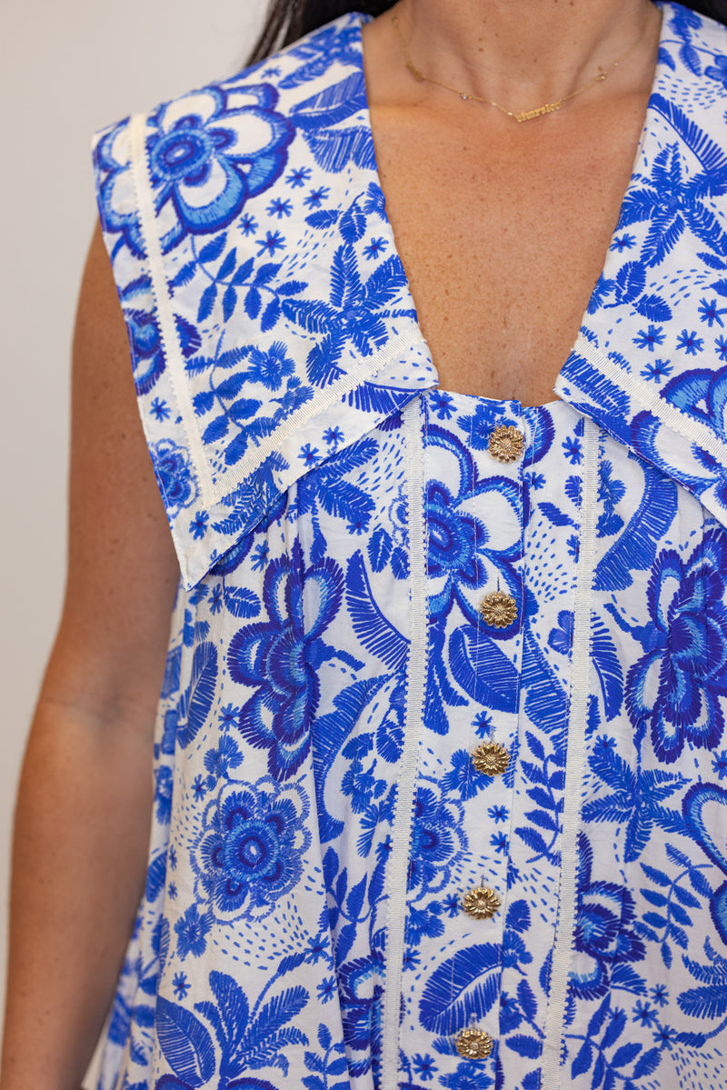 blue white paisley floral vacation dress