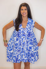 blue white paisley floral vacation dress