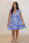 blue white paisley floral vacation dress