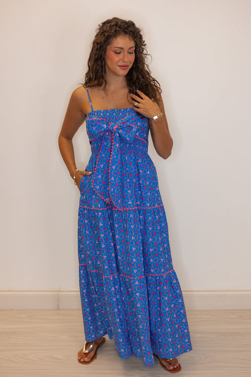 blue floral smocked tiered maxi dress