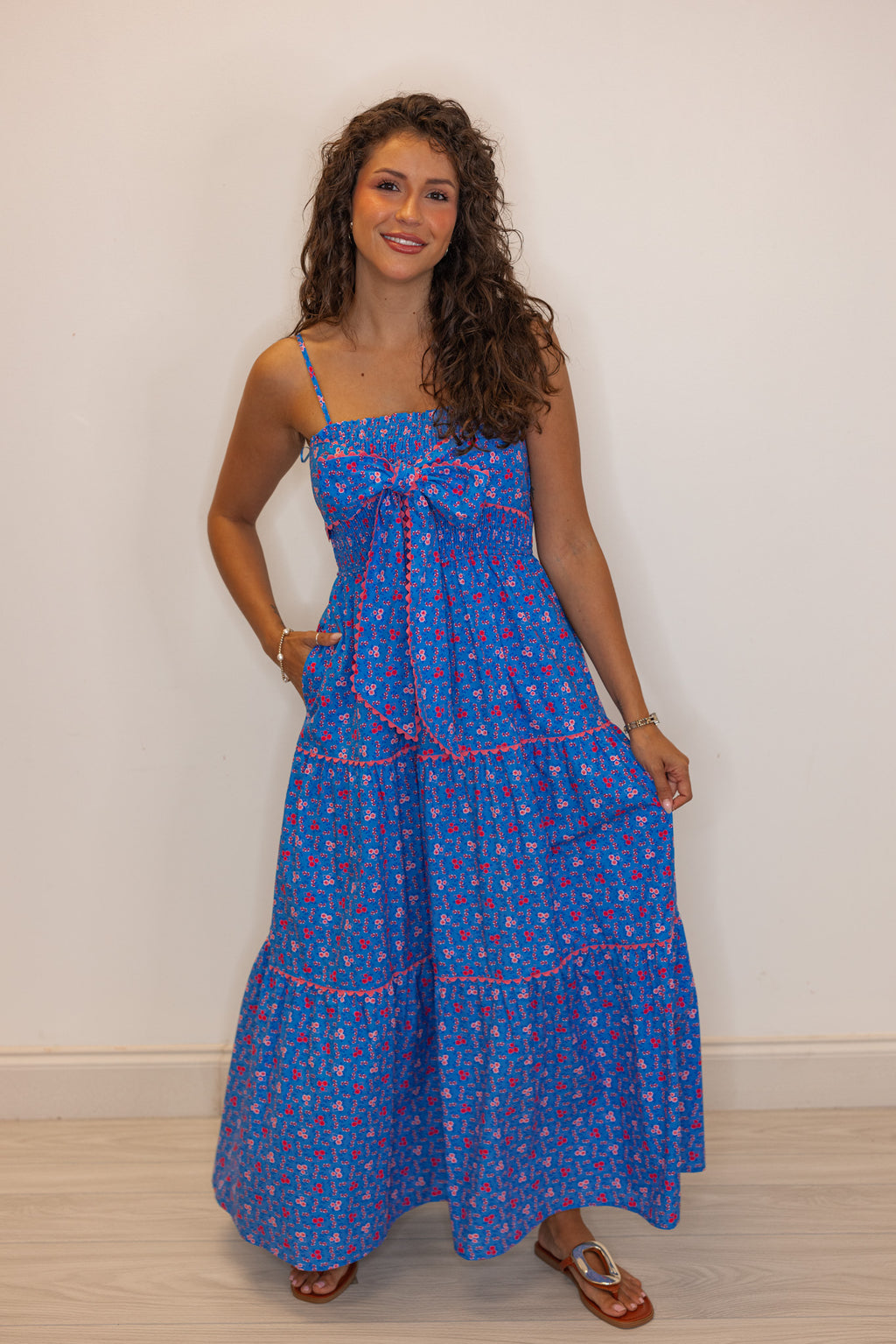 blue pink floral smocked tiered maxi dress