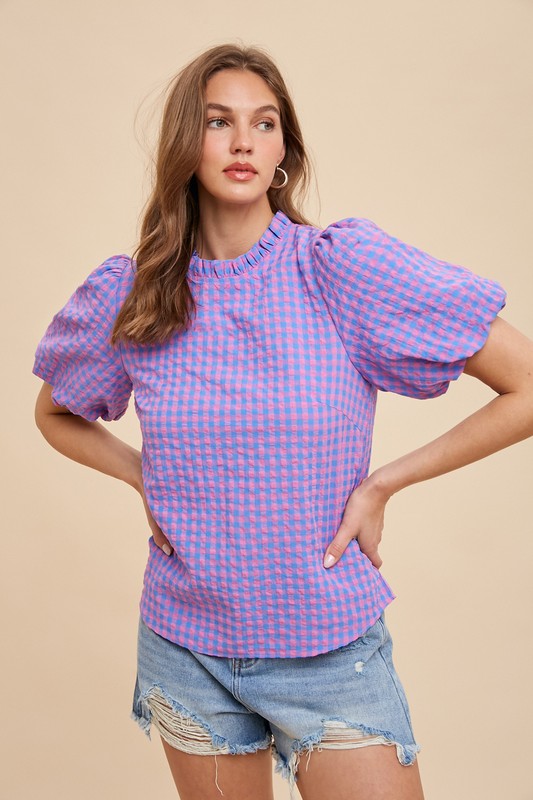 Anniewear Seersucker gingham print top with puff sleeves in blue and pink