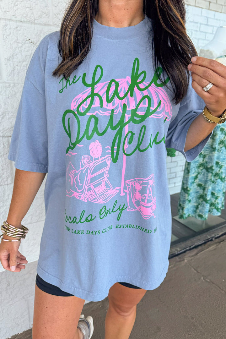 slate blue with pink and green lake days graphic print short sleeve crew neckline tee shirt