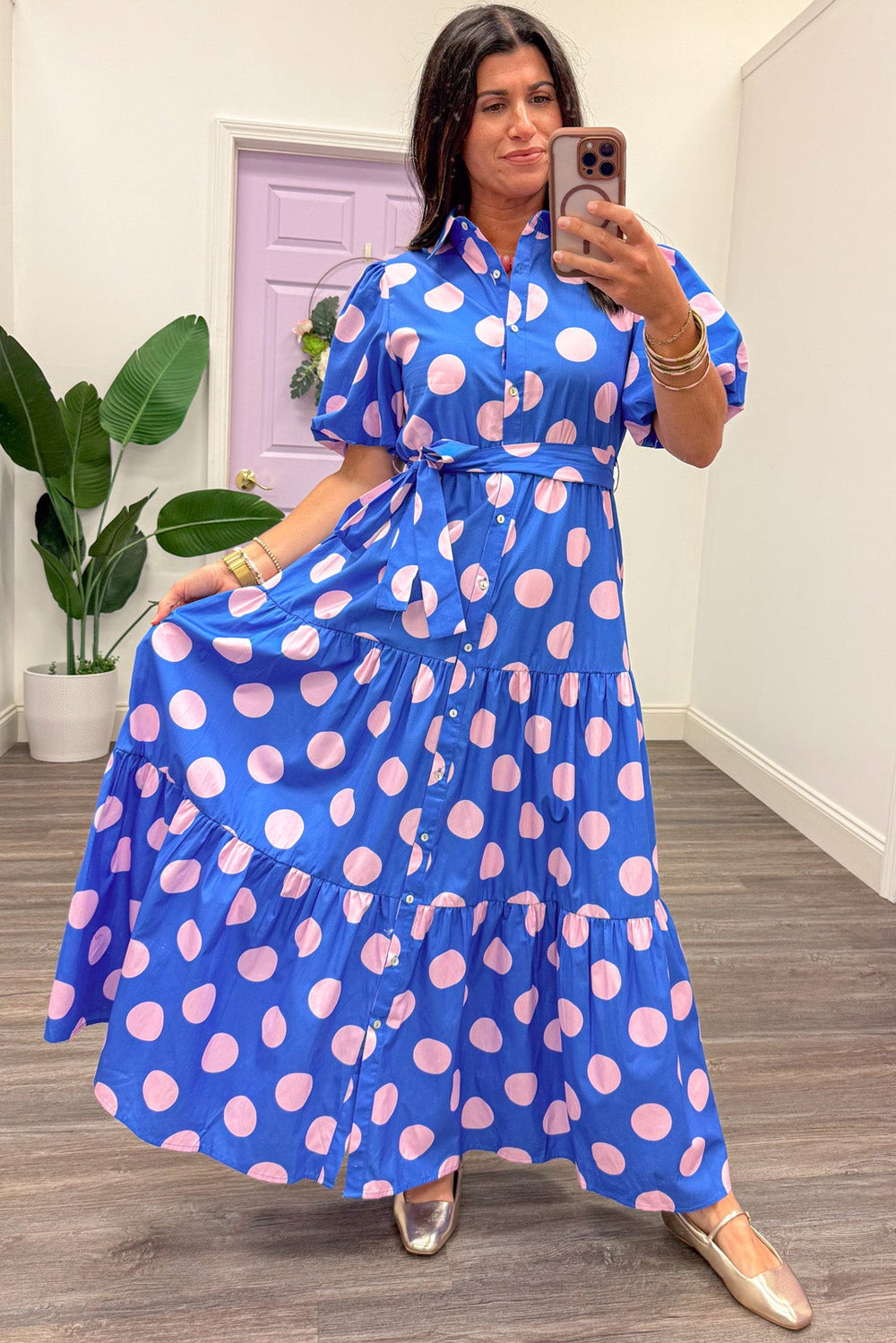 blue and light pink polka dot print button front flowy tiered maxi dress