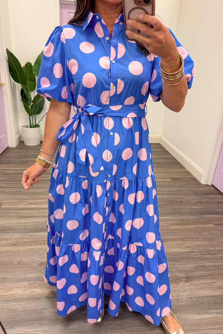 blue and light pink polka dot button front collared neckline maxi dress