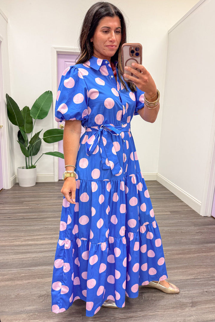 blue and light pink polka dot print button front short sleeve belted maxi dress