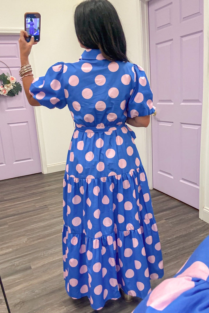blue and light pink polka dot print button front short puff sleeve maxi dress