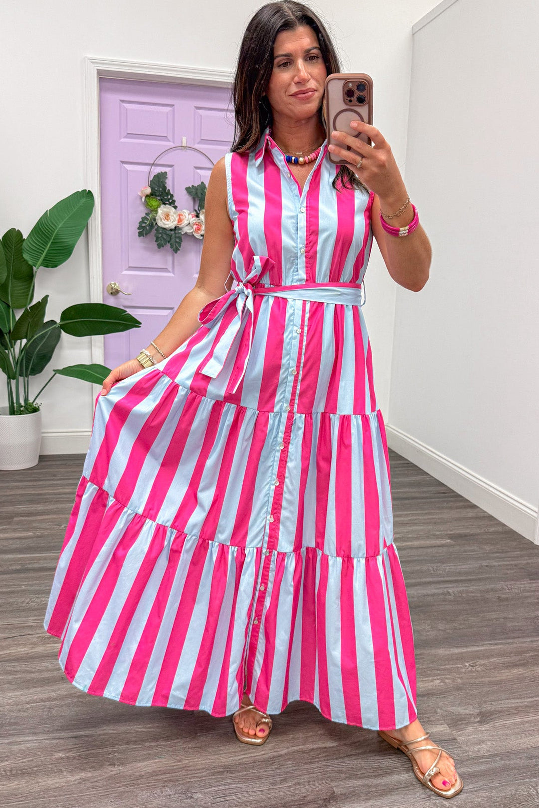 Sassy Lady Blue Pink Striped Maxi Dress