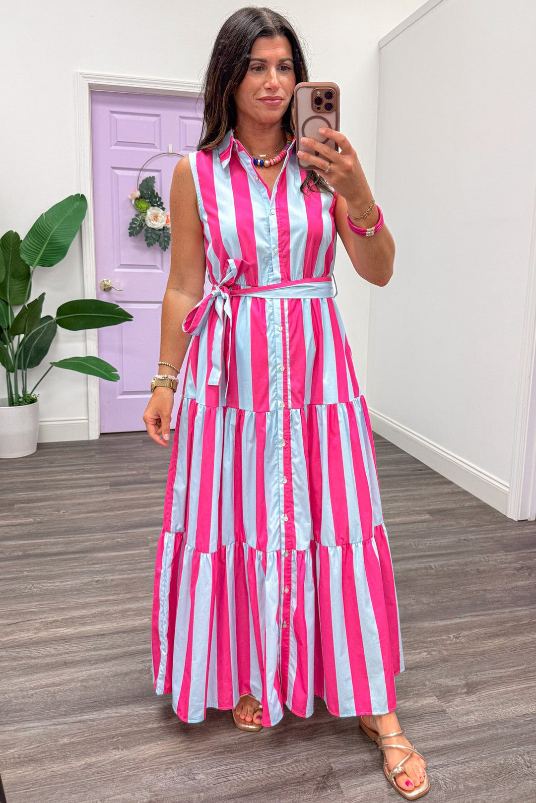 light blue and hot pink striped sleeveless button down belted midi dress