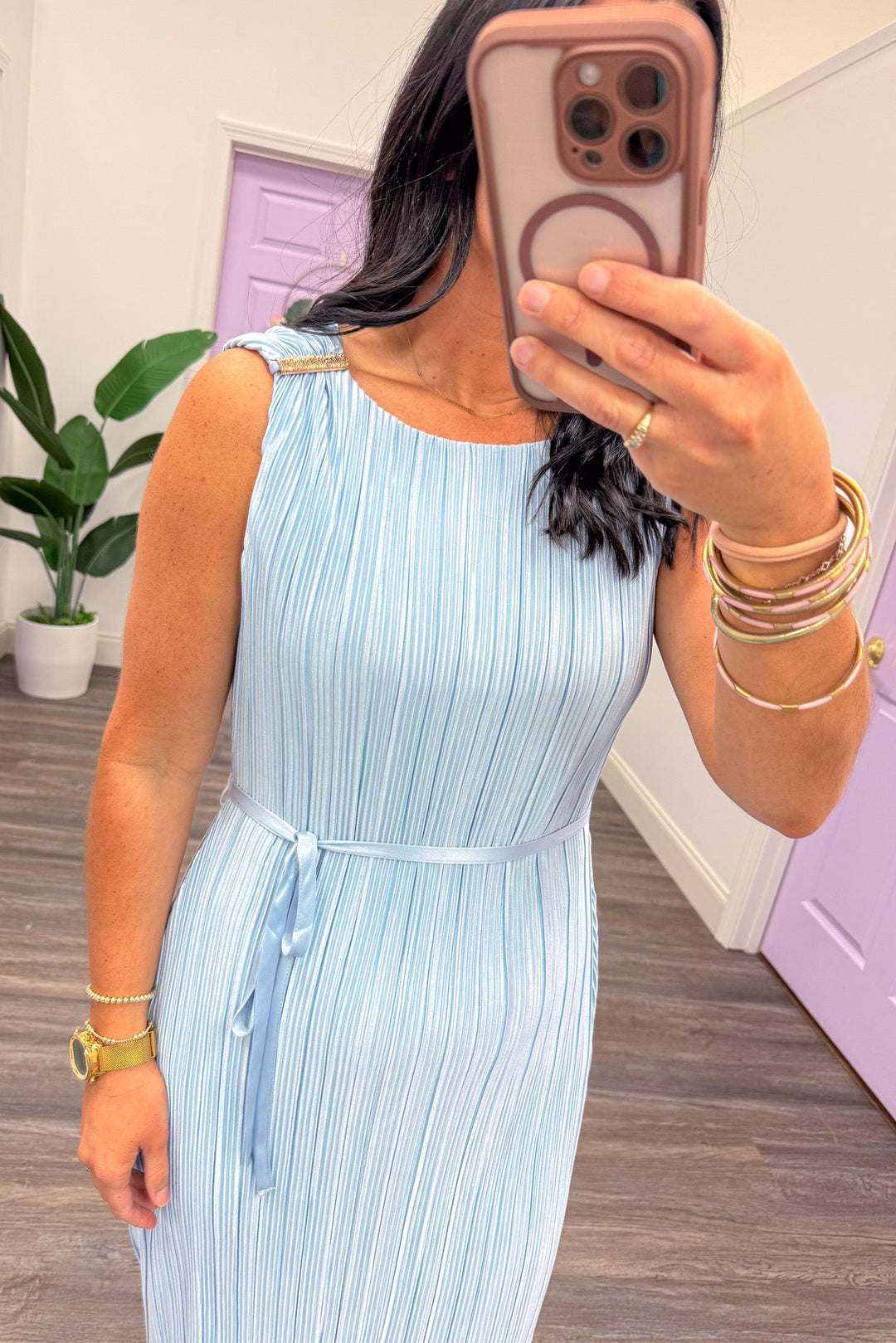 light blue pleated gold shoulder accent sleeveless satin midi dress