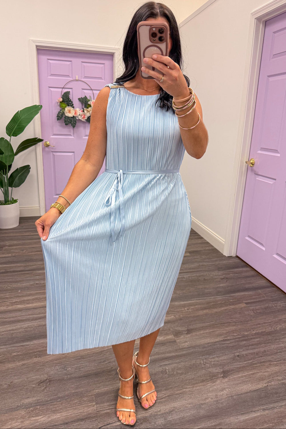 light blue pleated sleeveless crew neckline satin midi dress