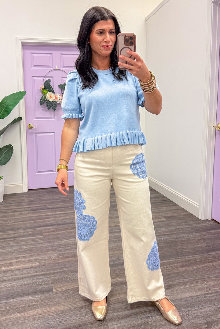 Baby blue ruffle trim slightly cropped knit top