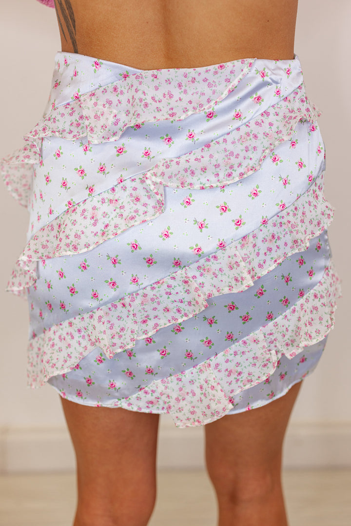 blue satin floral lace mini skirt