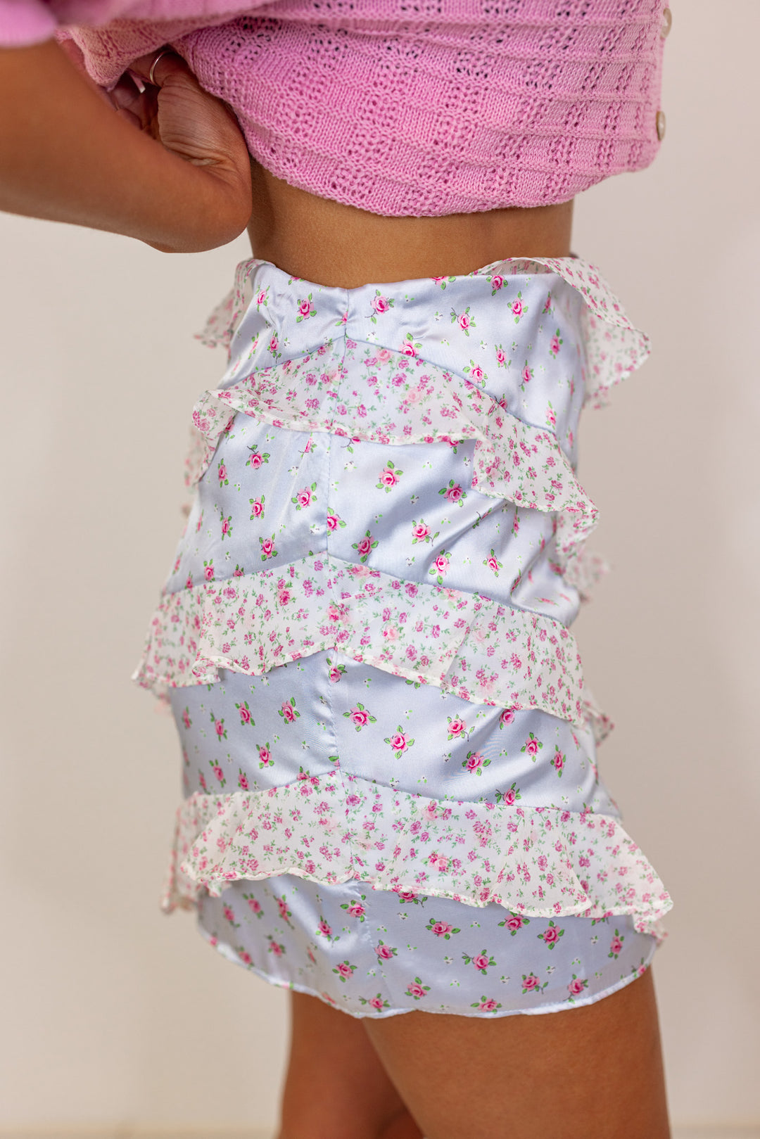 blue satin floral lace mini skirt