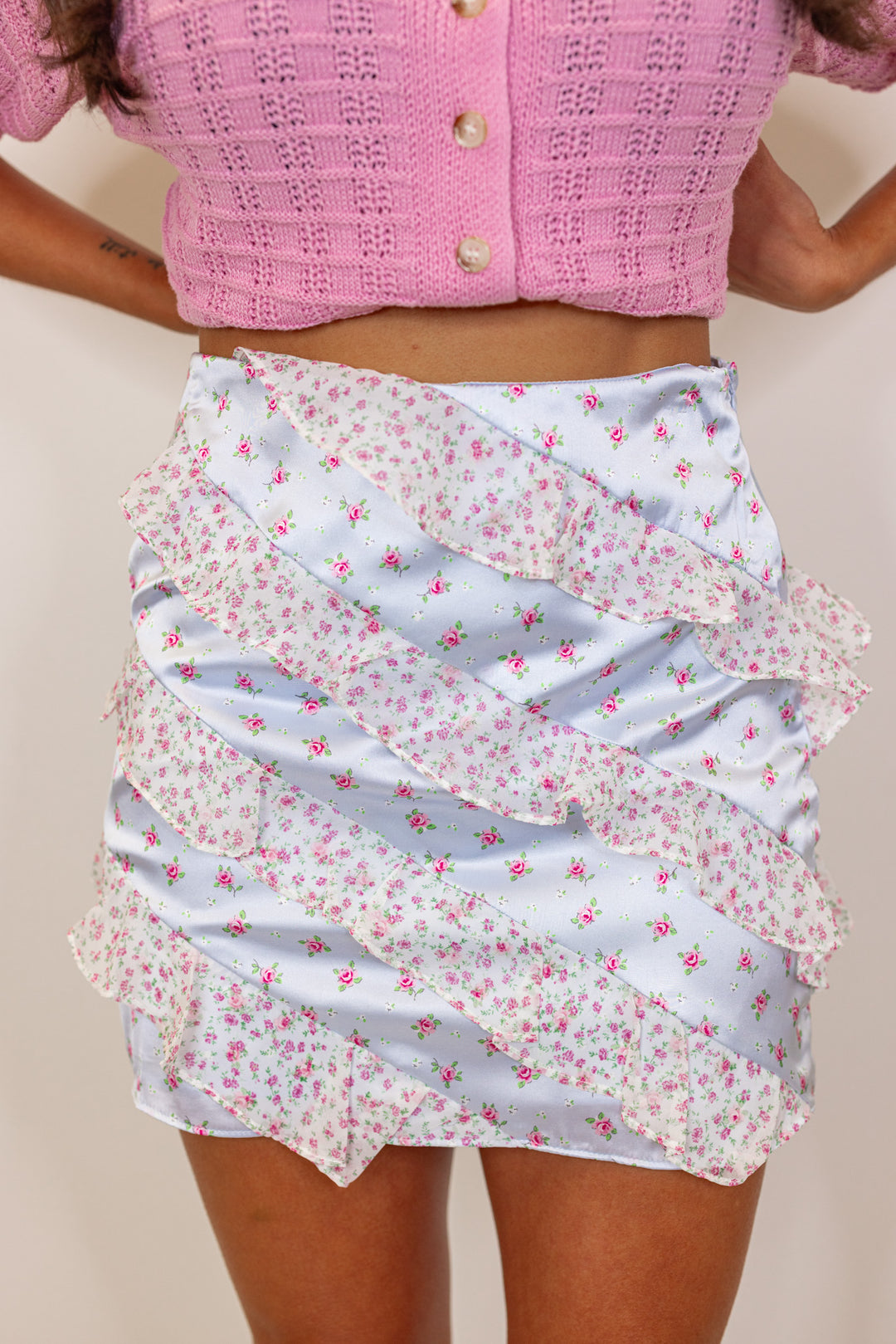 blue satin floral lace mini skirt