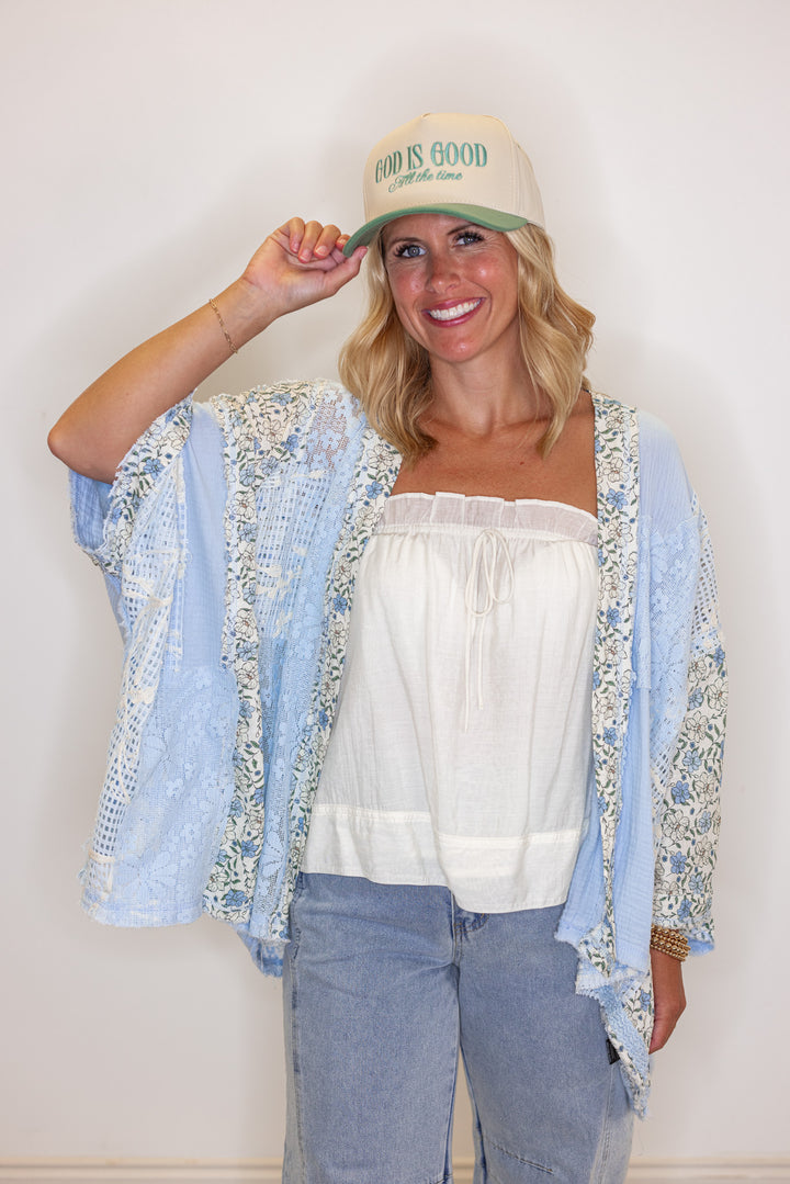 Women's sky blue gauze cardigan top with floral print and floral lace patchwork by POL