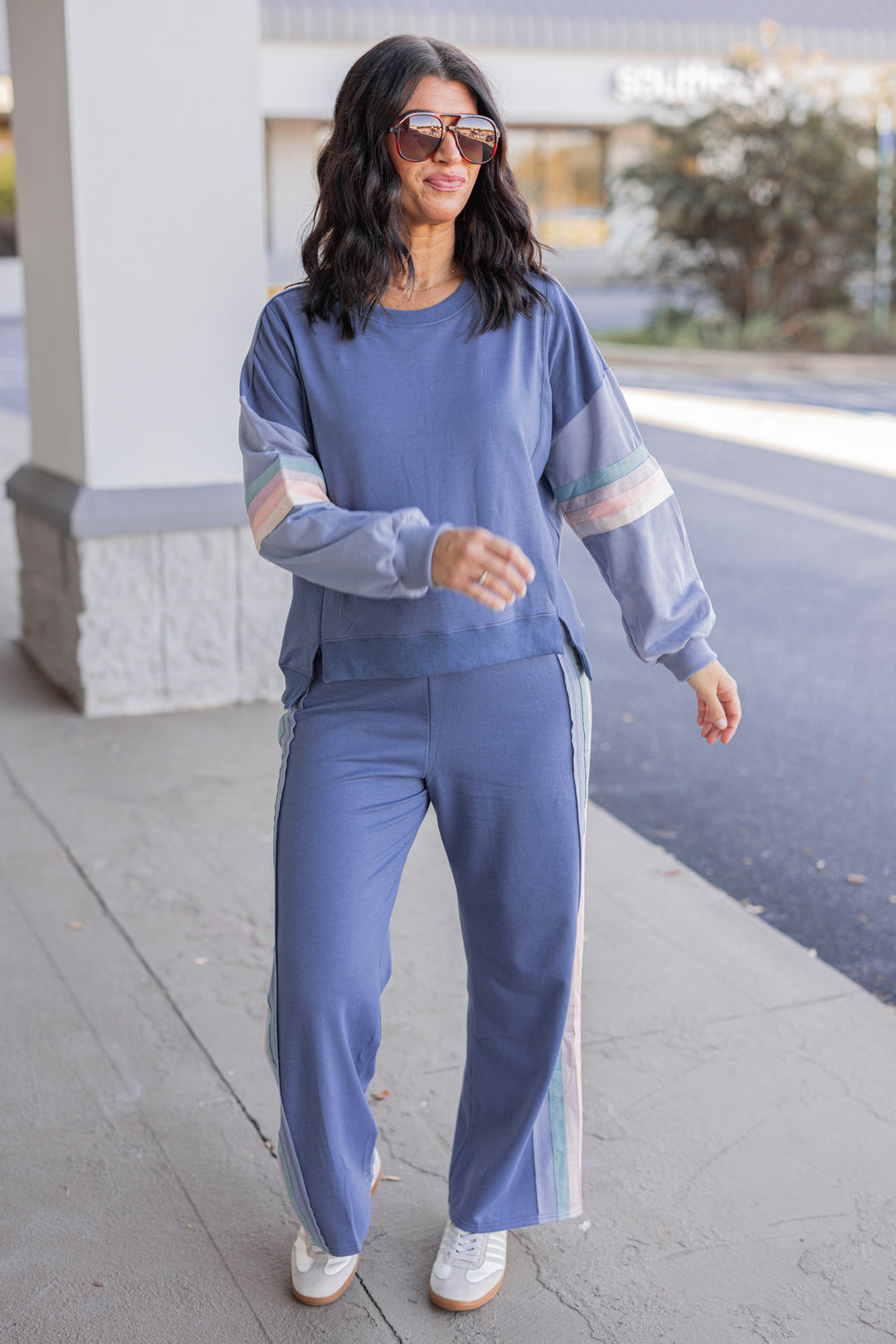 Women's trendy knit top and matching pants set in blue denim shade with stripe trim details by Very J