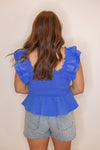 blue smocked ruffle peplum top