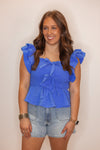 blue smocked ruffle peplum top