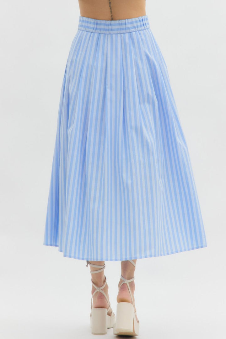 Entro Blue and light blue striped pleated midi skirt
