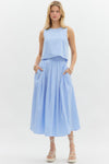 Entro Blue and light blue striped pleated midi skirt