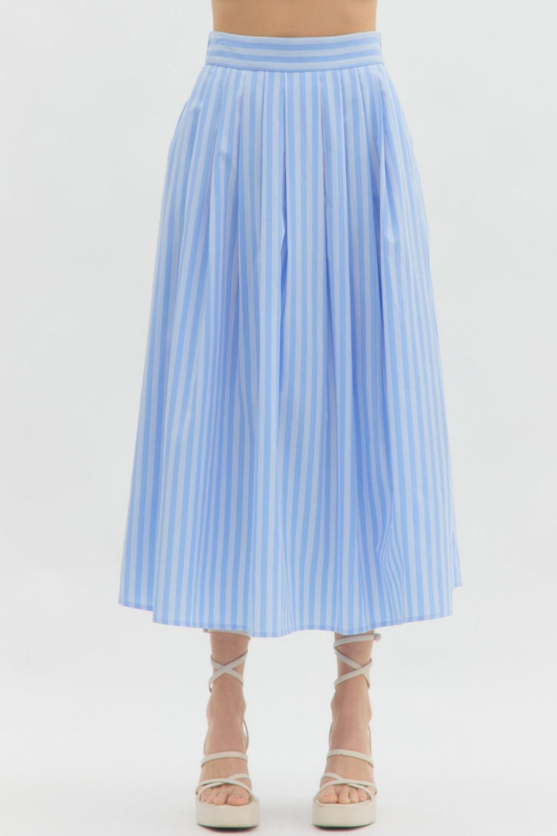Entro Blue and light blue striped pleated midi skirt