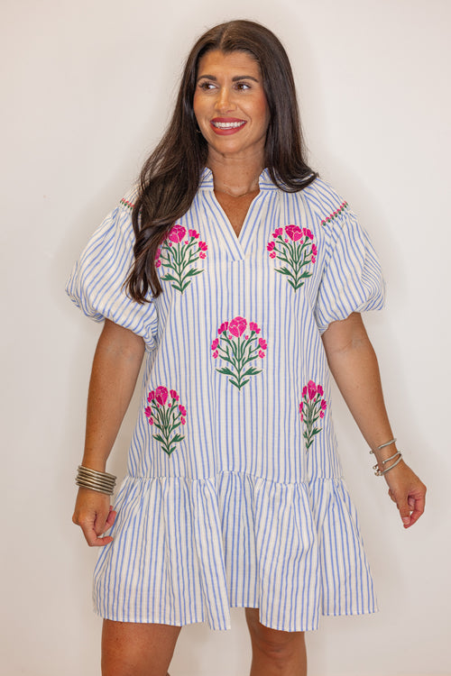 blue stripe pink floral embroidered dress