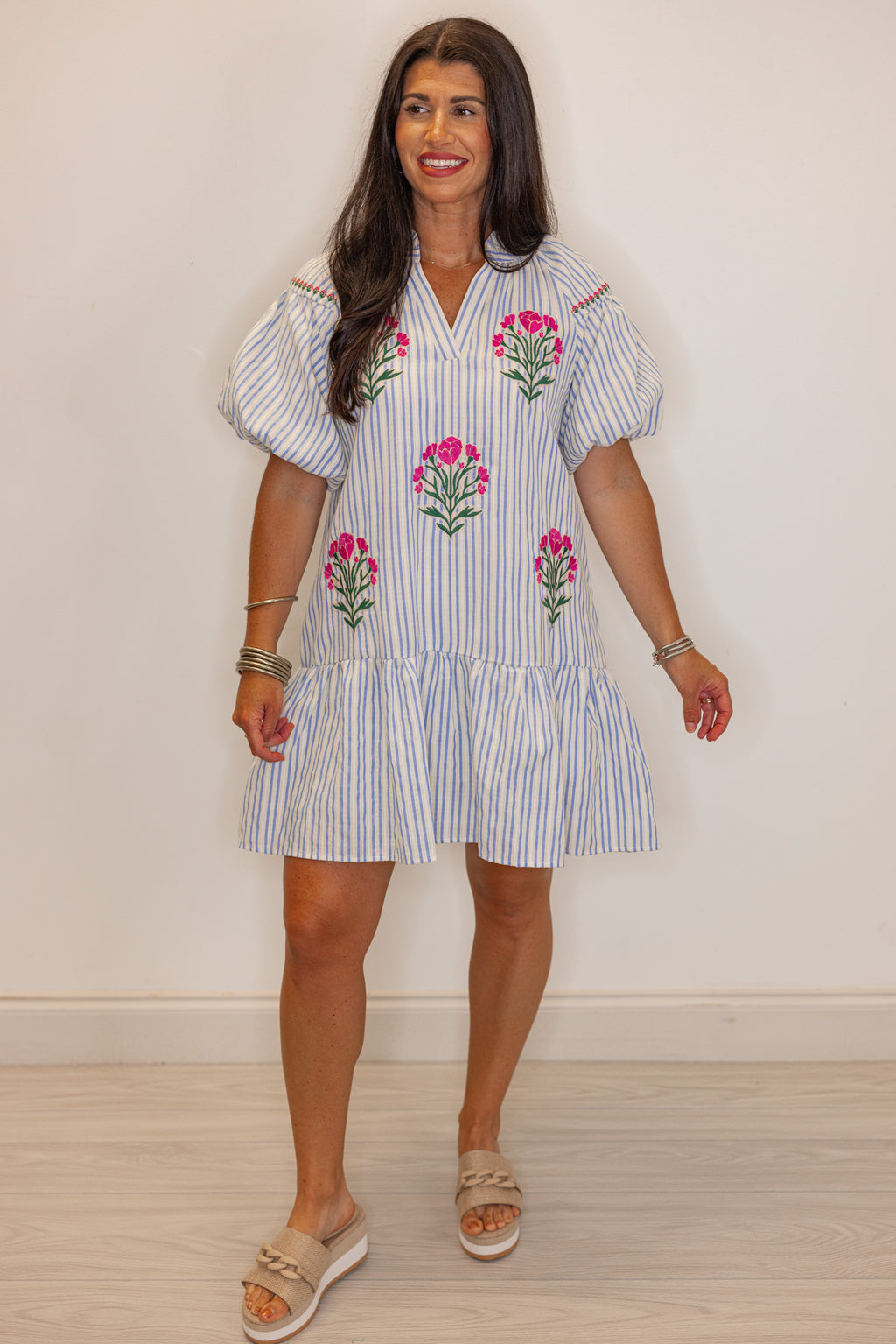 blue white stripe pink floral embroidered dress