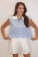 blue stripe scalloped hem crop top