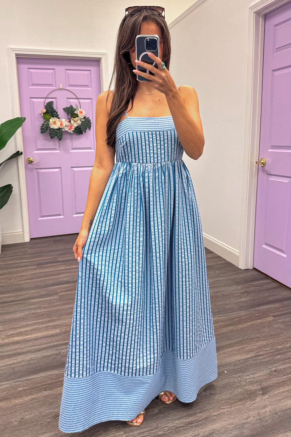 light and dark blue striped adjustable spaghetti strap flowy maxi dress