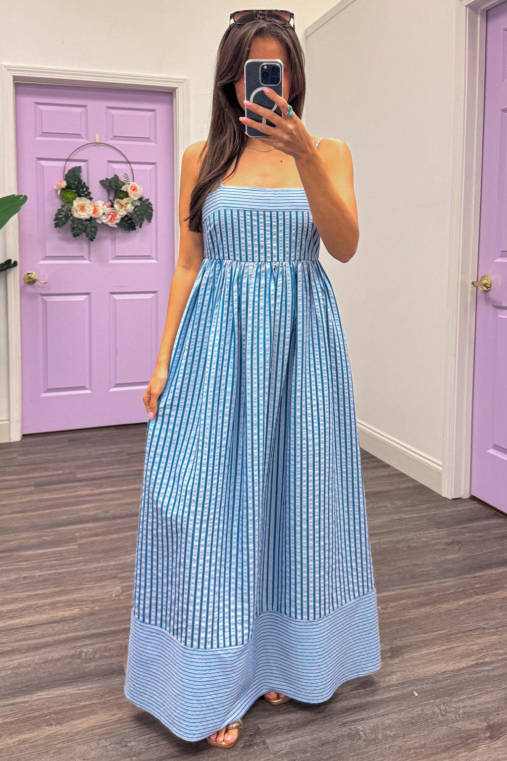 light and dark blue striped spaghetti strap maxi dress