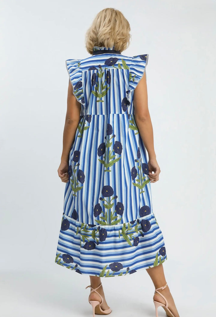 Women's Umgee blue and white striped midi dress with navy and green florals in plus size showing the full back view